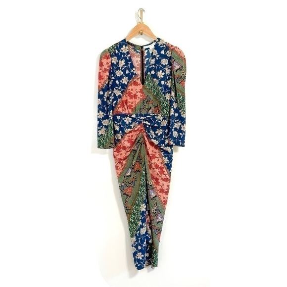 NWOT Veronica Beard Midi Silk-Blend Ruched Floral Mary Long-Sleeve Dress - Picture 2 of 8